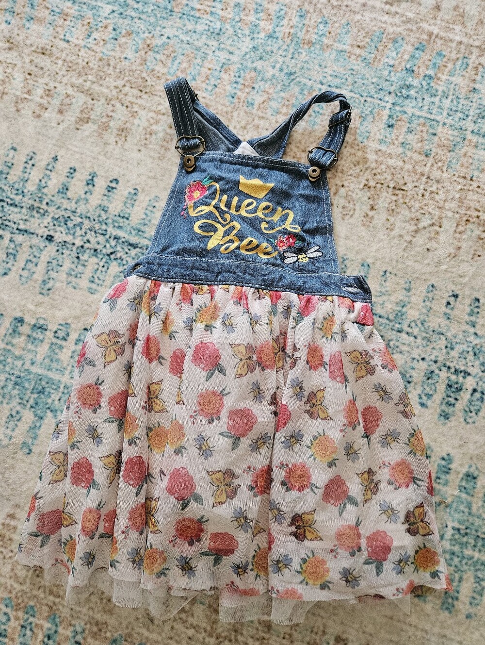 Denim Floral Skirt Jumper Dress - Blue and Pink